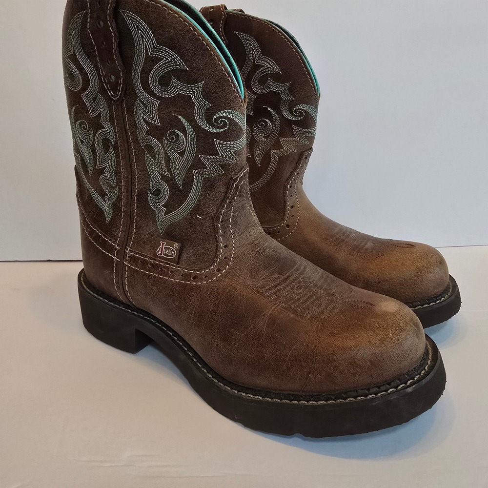 Justin Gypsy Womens Brown Leather Teal Embroidered Western Cowboy Boots L9606